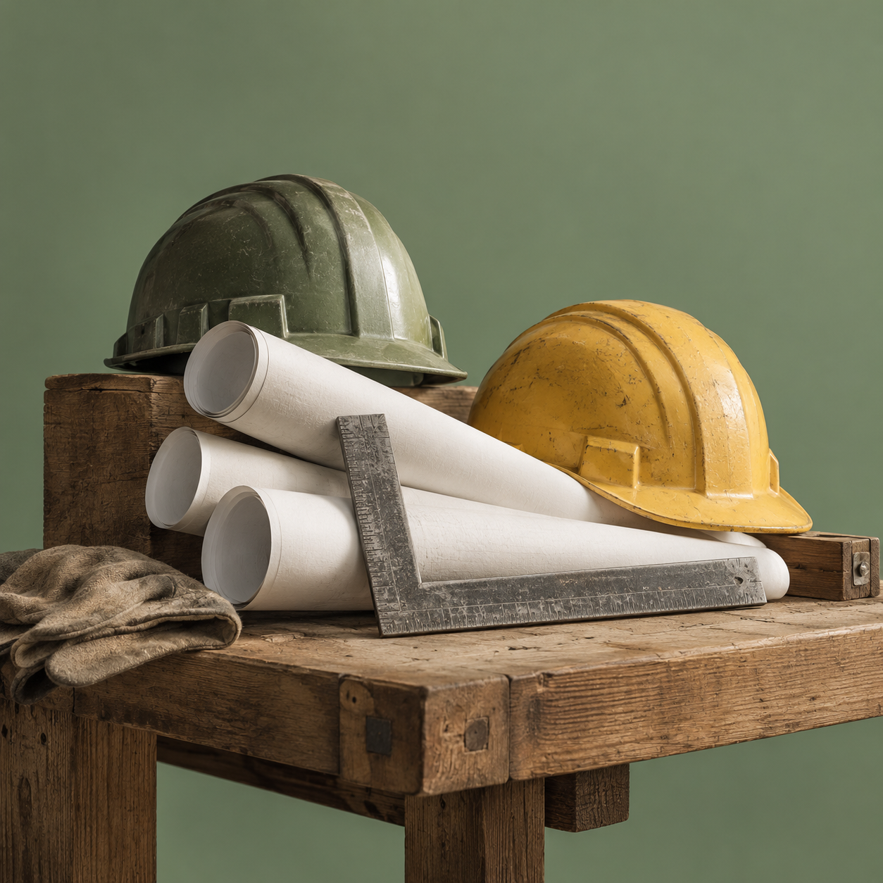 Illustration of small construction workshop: rolled blank plans, a measuring square, hard hats